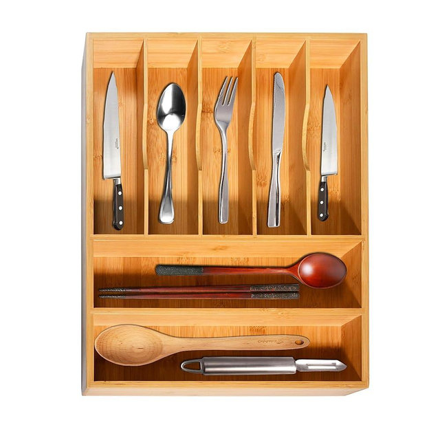 Bamboo Kitchen Drawer Organizer, Silverware Utensil Organizer Caddy, Bamboo Storage Organizer for Flatware, Cutlery Knives, Forks, Spoons - Extra Deep Grooved 7 Drawer Dividers, 13x17x2.5 Inches