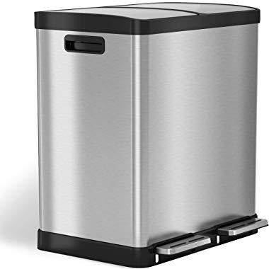 iTouchless SoftStep 16 Gallon Step Trash Can/Recycle Bin – 61 Liter Stainless Steel Kitchen Trash Can – 2 8-Gallon Removable Inner Buckets – Perfect for Kitchen, Office, Home