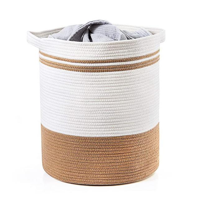 FINDOO Tall Laundry Basket, 18.3 x 16.1x 16.1 Inches Large Cotton Rope Laundry Hamper with Built-in Handles, Heavy Duty Decorative Laundry Bin for Bedrooms Dorm Clothes Blankets Toys Storage (Beige)