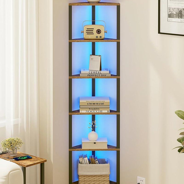TUTOTAK Corner Shelf with LED Light, 6-Tier Corner Bookshelf for Small Space, Narrow Display Corner Shelf Stand with Storage Rack, for Living Room, Bedroom, Rustic Brown BS05BB006L