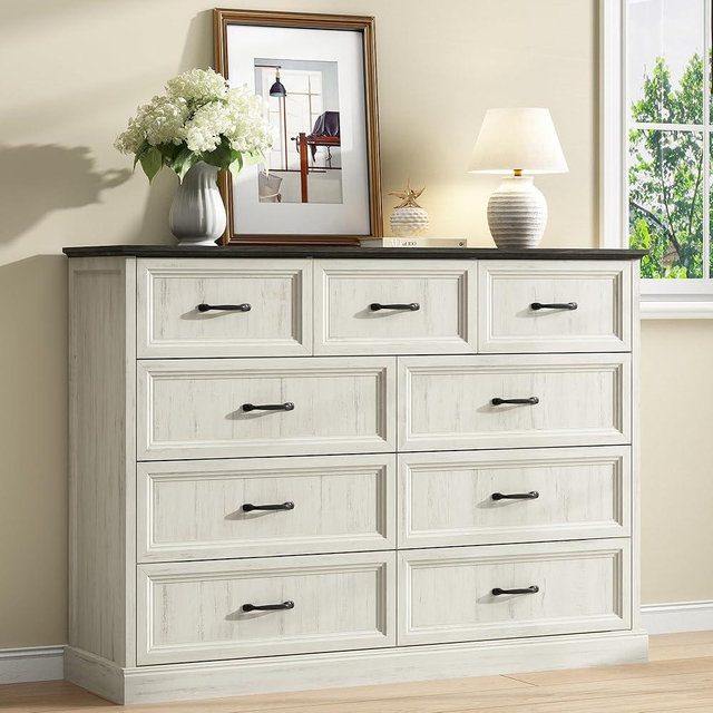 Farmhouse 9 Drawers Dresser for Bedroom, 55'' Wide Wood Rustic Chest of Drawers with Natural Texture, Storage Dressers Organizer with Large Drawers for Bedroom, Living Room, and Entryway, White