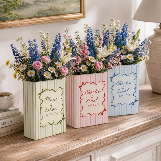 Personalized Wedding Book Vase, Custom Couple Name Ceramic Vase, Striped Flower Vase, Bridal Shower Anniversary Gift