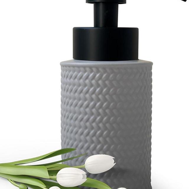 10 Oz Foaming Soap Dispenser for Bathroom,Kitchen Foam Soap Dispenser,Refillable Modern Foam Pump Bottle,Black Ceramic Foaming Hand Pump Dispenser (Grey Weave)