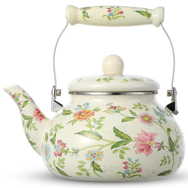 2.6 Quart Vintage Enamel Tea Kettle, Green Floral Enamel on Steel Teapot with Cool Touch Porcelain Handle for Stovetop Home Kitchen Camping, Housewarming Wedding Bridal Shower Thanksgiving Christmas G