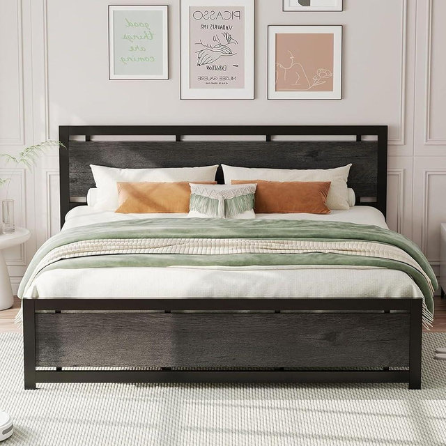 LIKIMIO King Bed Frame with Headboard and Footboard, Metal Strong Supports, Easy Assembly, Noise-Free, No Box Spring Needed, Charcoal Grey