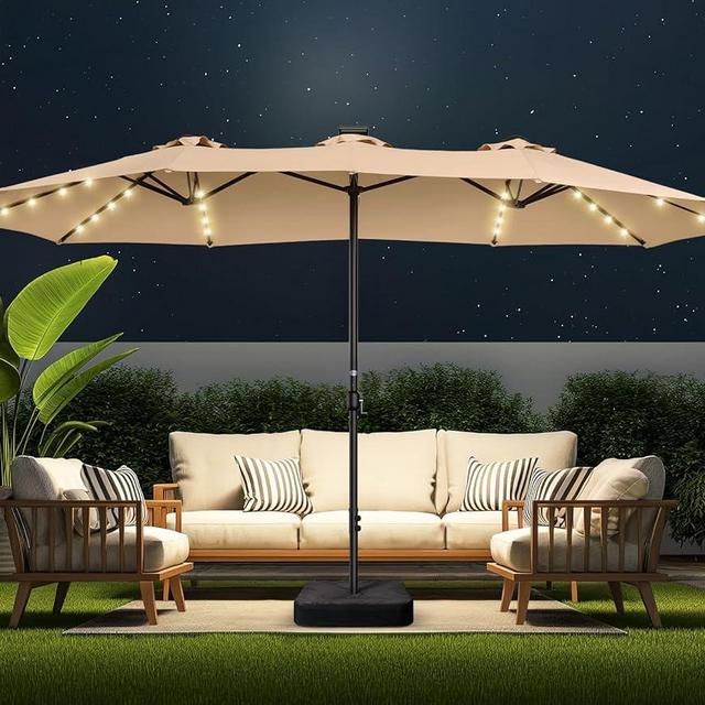 HOMSHADE Double Sided Patio Umbrellas - 15ft Solar Lights LED Lighted Outdoor Extra Large Market Table Umbrella with Base Included, Oversized Umbrella for Deck, Pool, Backyard (Beige)