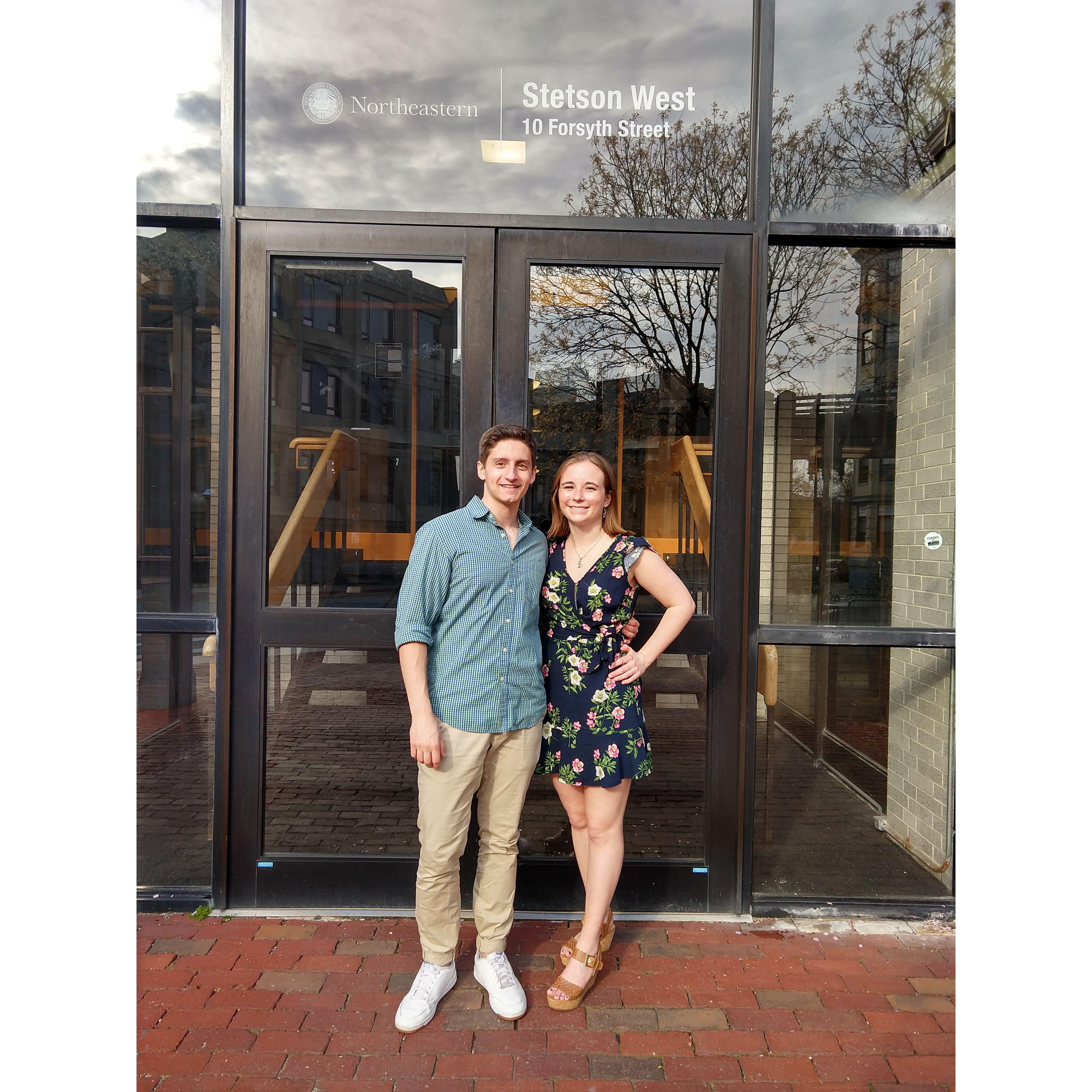COVID-era graduation photos - standing outside the dorm where we met, May 2020