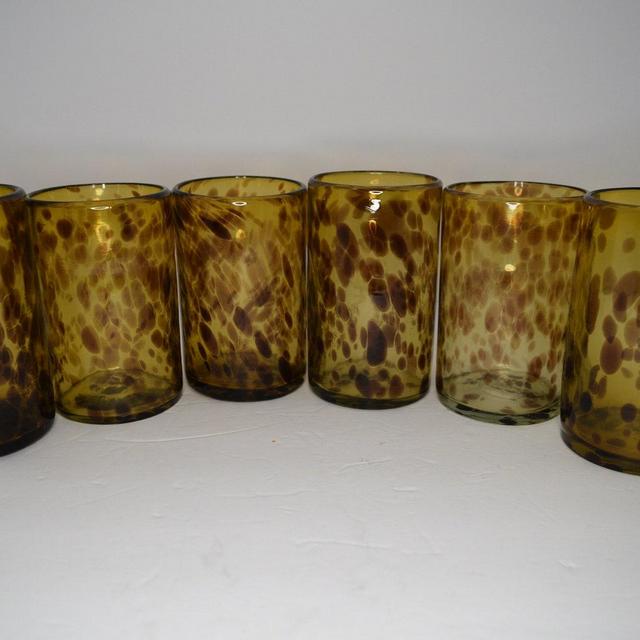 Set of 6 Amber Tortoise Shell Leopard Print Art Deco MCM Drinking 5" Hand Blown Glasses Tumblers