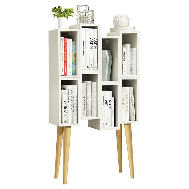 Cube Bookcase 8 Cube Floor Standing Bookcase with Legs, Modern Solid Wood Bookcase Leg Bookcase Bookshelf Free Standing Display Bookcase for Living Room Home Office Bedroom, White