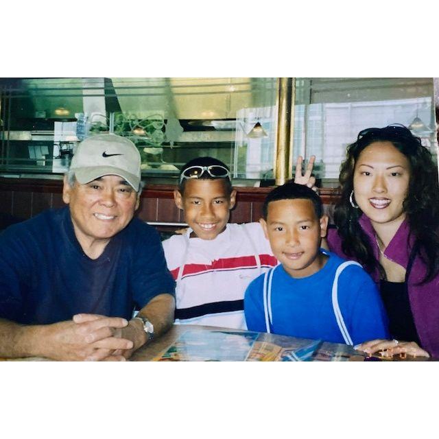 Grandpa (may he rest in peace), my bro Corey, and my amazing mother Nancy Mitchell; eating out back home in Cali.