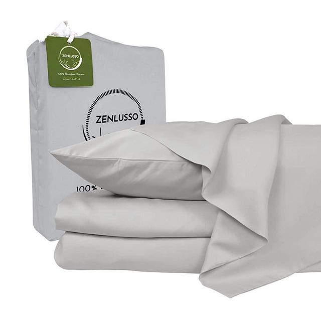 ZENLUSSO Bamboo Sheets | 100% Organic Bamboo | Silky Soft, Cooling, 16” Deep Pocket 4 Piece Bed Sheet Set (Fitted Sheet, Flat Sheet, 2 Pillowcases) (Platinum Grey, Queen)