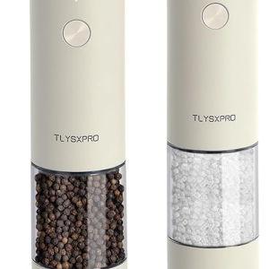 Electric Salt and Pepper Grinder Set, USB Rechargeable, Automatic Salt and Pepper Mill Grinder with Adjustable Coarseness, Electric Salt Shakers, LED Light, Refillable (2 Packs, Buttercream)
