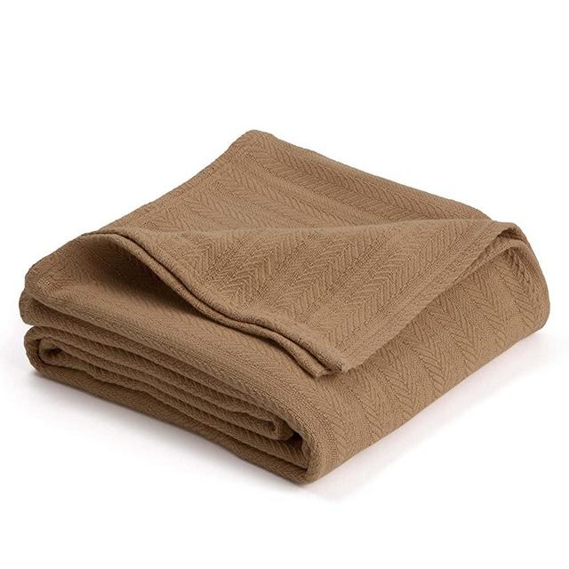 COTTON WOVEN BLANKET BY VELLUX - Natural, Cozy, Warm, Chevron Textured, Pet-Friendly, All-Seasons - Tan