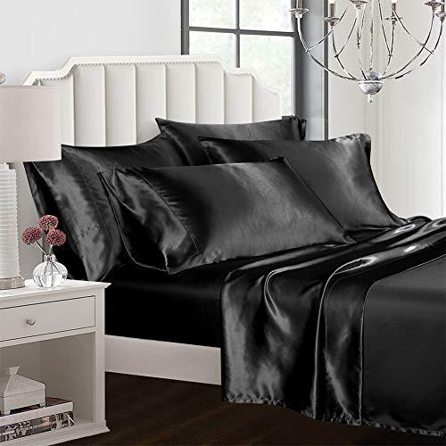 AiMay 6 Piece Bed Sheet Set Deep Pocket Luxury Rich Silk Satin Silky Super Soft Solid Color Hypoallergenic Reversible Stain-Resistant Wrinkle Free (King, Black)