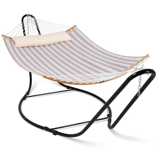 SUNCREAT Hammocks Outdoor Quick Dry Hammock with Stand Included, 475 lbs Capacity, Heavy Duty Double Hammock with Stand, Patent Pending, Light Coffee Stripes
