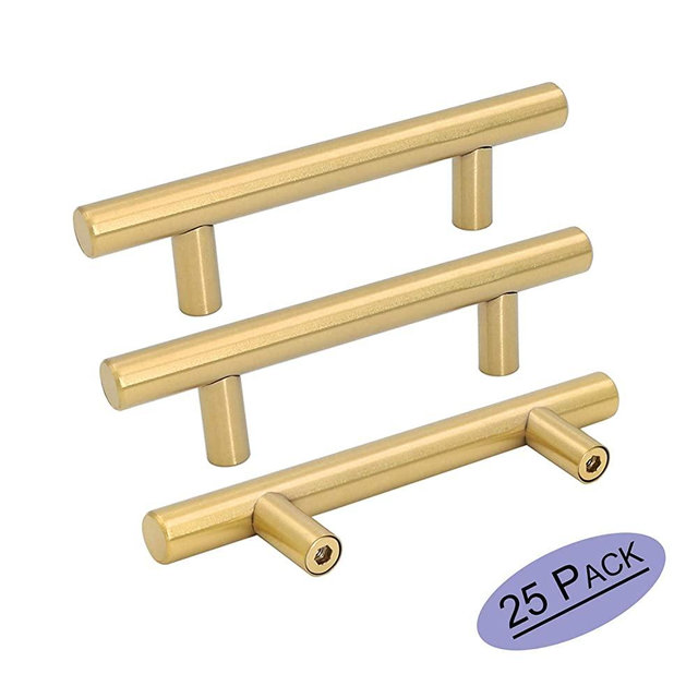 Goldenwarm 25pcs Brushed Brass Kitchen Cabinet Hardware Handle 1/2" Diameter T Bar Handles Furniture Gold Door Drawer Pulls Knobs Hole Spacing 76mm 3in