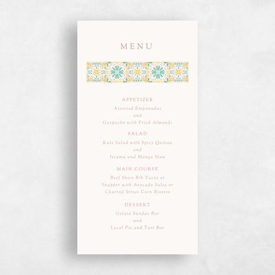 Dusty Terra Cotta, Blue Wedding Menu - Oluveri