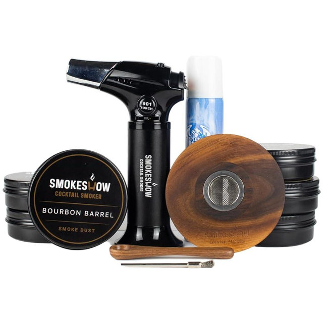 Smokeshow Walnut Wood Cocktail Smoker Kit with Torch & Butane. Six 4 oz. Wood Chips Flavors, Apple, Hickory, Cherry, Bourbon Soaked Oak, Maple & Mesquite. (6-Pack)