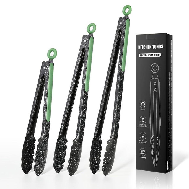 Stainless Steel Cooking tongs 600℉ Heat Resistant Grill Tongs,Silicone Kitchen Serving Tong Not-stick coating Metal tong,for BBQ,Salad,Flip Food tongs BPA Free (9"12"14") (3 Pcs Avocado green)