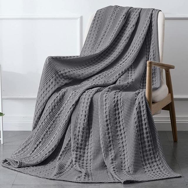 PHF 100% Cotton Waffle Weave Throw Blanket - 410GSM Washed Soft Breathable Skin-Friendly Blanket for All Season - Perfect Warm Textured Blanket for Couch Bed Sofa 50"x60"- Charcoal/Dark Grey
