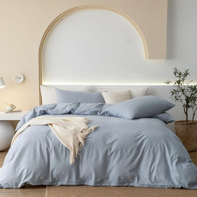 JIYUAN 100% Washed Cotton Duvet Cover Set Comfy Simple Style Soft Breathable Textured Durable Linen Feel Bedding for All Seasons King Size,Solid Dusty Blue