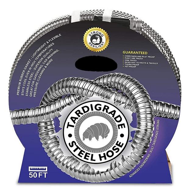 Tardigrade Steel Hose - 50FT Metal Garden Hose - Stainless Steel - Dog Chew Crush Proof, Flexible, Heavy Duty Aluminum, No Kink, Lightweight Lawn Water Hoses, Durable and Easy to Store