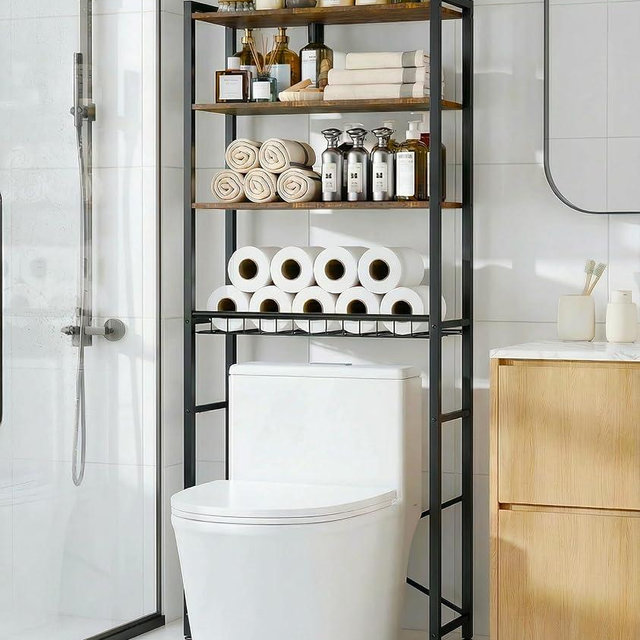 4-Tier Over The Toilet Storage Rack with Wooden Shelves - Over The Toilet Storage Cabinet and Bathroom Organizer, Toilet Shelf with Adjustable Feet & Anti-Tip Kit, Brown, 24.4" x 9.4" x 69.3"