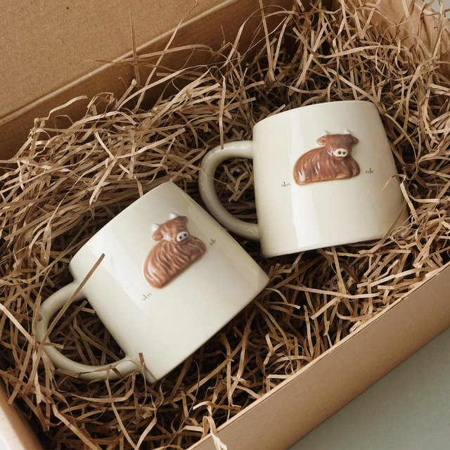 Highland Cow Gift Box Set • 2x Highland Cow Stoneware Mugs • Home Decor • Artisan Coffee & Tea Cup • Rustic Farmhouse Design • Ideal Gift
