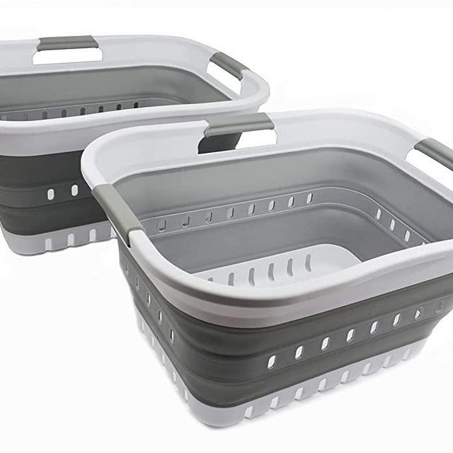 SAMMART Set of 2 - 30L (8 gallon) Collapsible Plastic Laundry Basket - Foldable Pop Up Storage Container / Organizer - Portable Washing Tub - Space Saving Hamper / Basket (2, White/Grey)