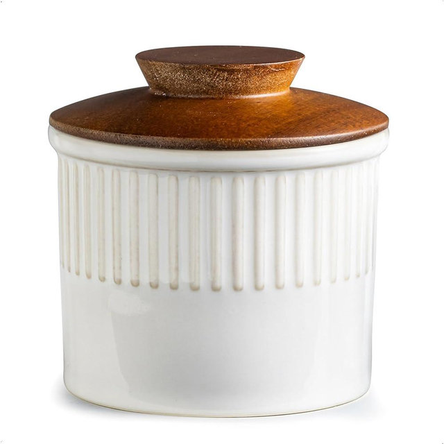 YHOJOY Ceramic Butter Dish With Lid, Butter Crock for Countertop, French Butter Keeper Holder for Spreadable Butter, Classic Stripe, Cream White