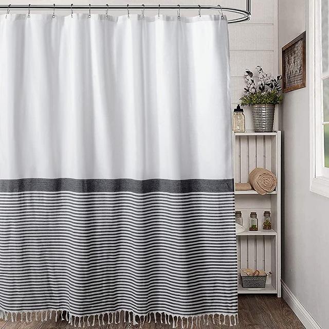 Estmy Turkish Cotton Shower Curtain 84'' + 10G PEVA Shower Curtain Liner + 12 PCS Rust-Proof Metal Shower Hooks Set, Extra Long Modern Farmhouse Shower Curtain Boho Tassel (72x84, Charcoal Grey)