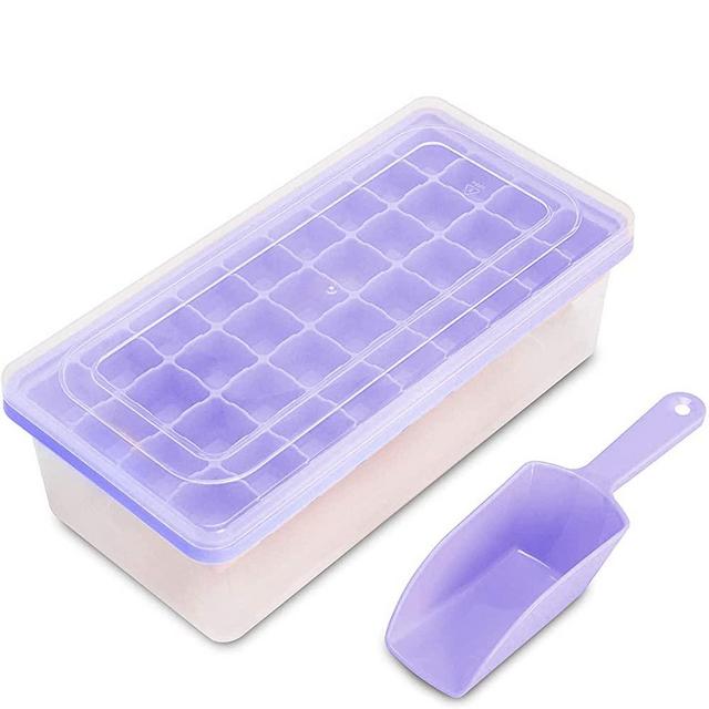 Ice Cube Tray With Lid and Bin - Large Ice Tray For Freezer | Comes with Ice Container, Scoop and Cover| BPA Free| Space Saving Ice Cube Molds | Perfect for Cocktails, Waterbottles or Whisky (Purple)