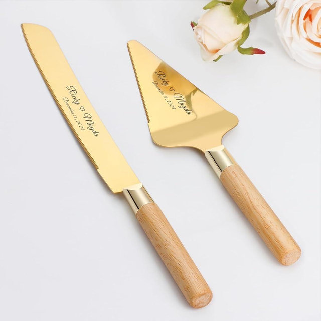 TUKDAK Personalized Cake Cutting Set for Wedding, Gold Knife and Server Set with Stainless Steel Serrated Edges & Wood Handles, Engraved Pie Spatula Anniversary Christmas Gift (Original Oak)