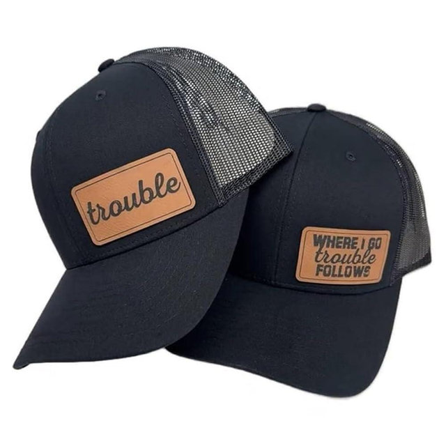 Trouble Hat Set, 2-Pack Where I Go Trouble Follows Matching Hats, Funny Trucker Hats with Faux Leather Patches