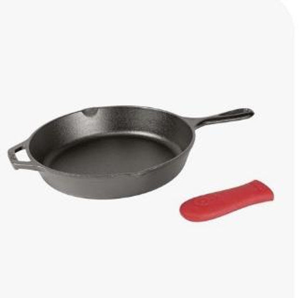 Lodge 12 Inch Cast Iron Skillet with Red Silicone Hot Handle Holder – Pre-Seasoned Frying Pan for Stove, Oven, Grill & Campfire – Made in the USA – Durable, Nonstick Cast Iron Cookware – Black