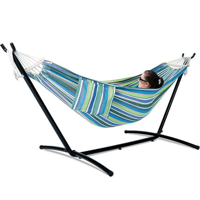 gafete Double Hammock with Stand for Outside, Upgraded Spreader Bar, Heavy Duty Space Saving Steel Stand 2 Person, Convenient Pocket, Easy Assembly, 600lbs Weight Capacity, Indoor & Outdoor (Garden)