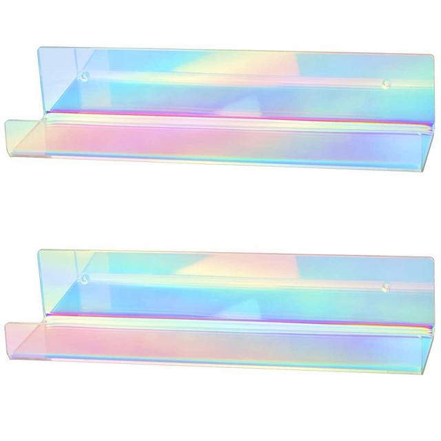 X-FLOAT Rainbow Iridescent Acrylic Floating Shelves (Wall Mounted) for Bedroom, Bathroom, Living Room or Kitchen (Set of 2)