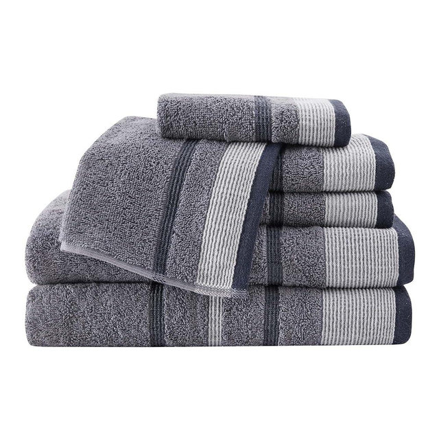 Great Bay Home Decorative Bath Towel Set - Luxury Cotton 6 Piece Towel Set - Luxurious, Ultra-Soft, Durable Towels for Bathroom Decor (Chambray Blue/White/Navy Blue)