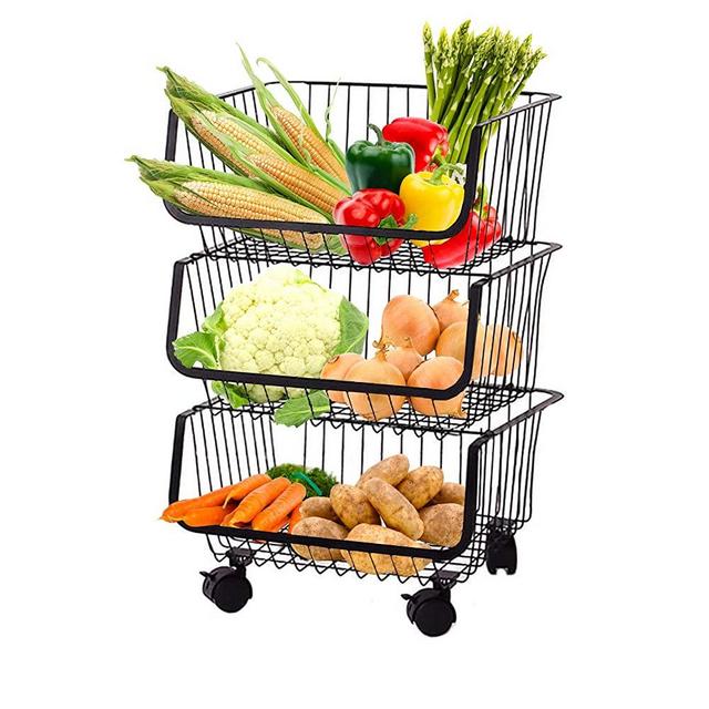 Rolling Stackable Wire Baskets Metal Utility Cart Storage Floor Standing Storage Bins Fruit Vegetable Snacks Pantry Organizer with wheels for Kitchen Bathroom (3-Tier Basket Set)