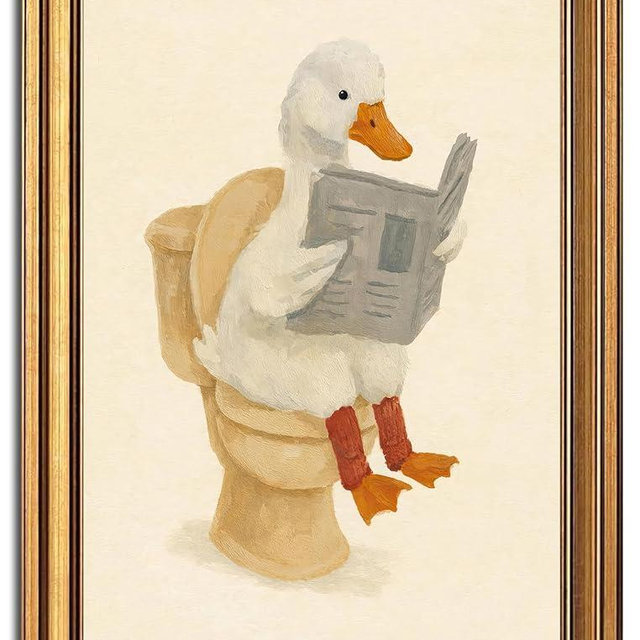 Vintage Gold Framed Duck Bathroom Wall Art Funny Duck Reading on Toilet Painting Picture Wall Decor Kids Bathroom Poster Beige Cute Animal Poster Print Artwork for Bathroom Home Decoration