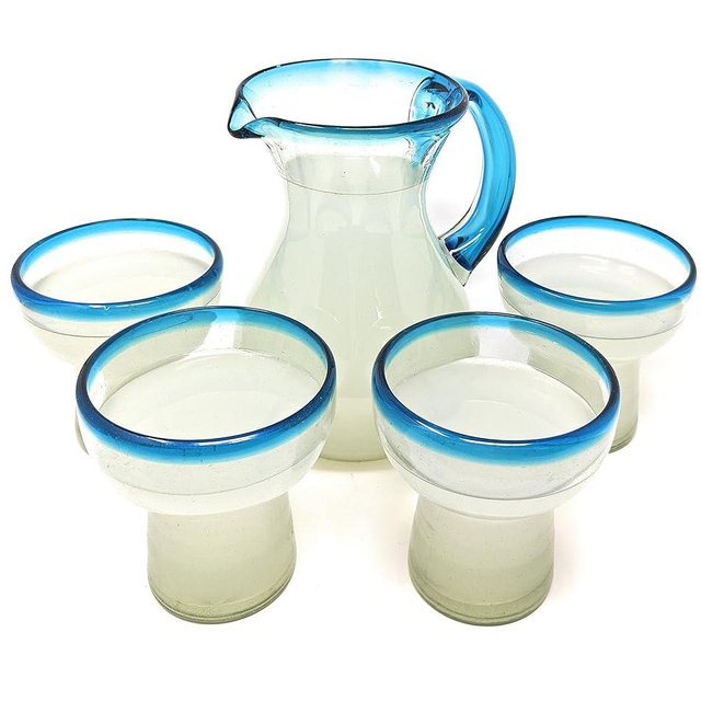 Dos Sueños Mexican Hand Blown Glass Drinkware Set - Includes Pitcher (84oz) and 4 Stemless Margarita Glasses (14oz) – Aqua Rim