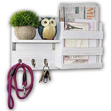 Spiretro Wall Mount Entryway Mail Envelope Organizer, Key Holder Hooks, Leash Hanging, Coat Rack, Letter & Newspaper Storage, Ornament Home Decorative Floating Shelf, Texture Reclaimed Wood-Whitewash
