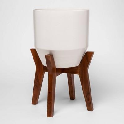 23" x 13" Faceted Ceramic Planter in Wood Stand White/Brown - Project 62™