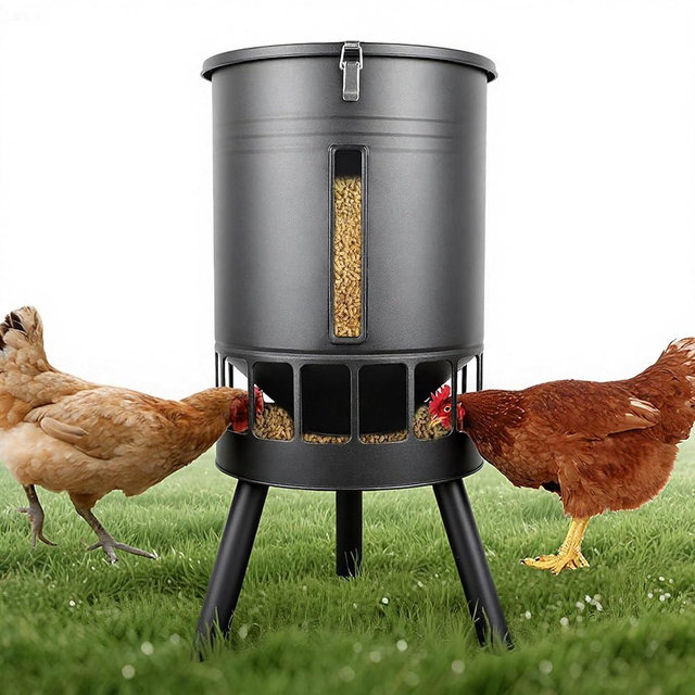 KOL 50LB Metal Chicken Feeder - No Waste, No Clog Design with 16 Ports & Smooth Gravity-Flow, Powder Coated Rust-Proof for Coop Use (Black)