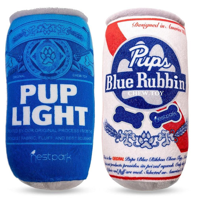 Pup Light and Pups Blue Rubbin Funny Dog Toys - Beer Dog Toys - Plush Squeaky Dog Toys for Medium, Small and Large - Cute Dog Gifts for Dog Birthday - Cool Stuffed Parody Dog Toys (2 Pack) (Mix)