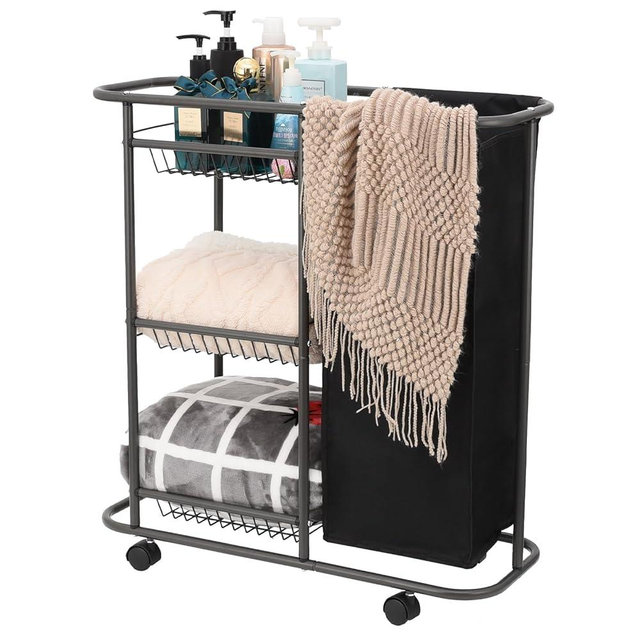 Lucalda Rolling Laundry Cart with Wheels: 3-Tier Laundry Caddy Between Washer and Dryer - Heavy Duty Wrapping Paper Cart with 45L Bag for Narrow Space Laundry Room Bathroom Bedroom Black