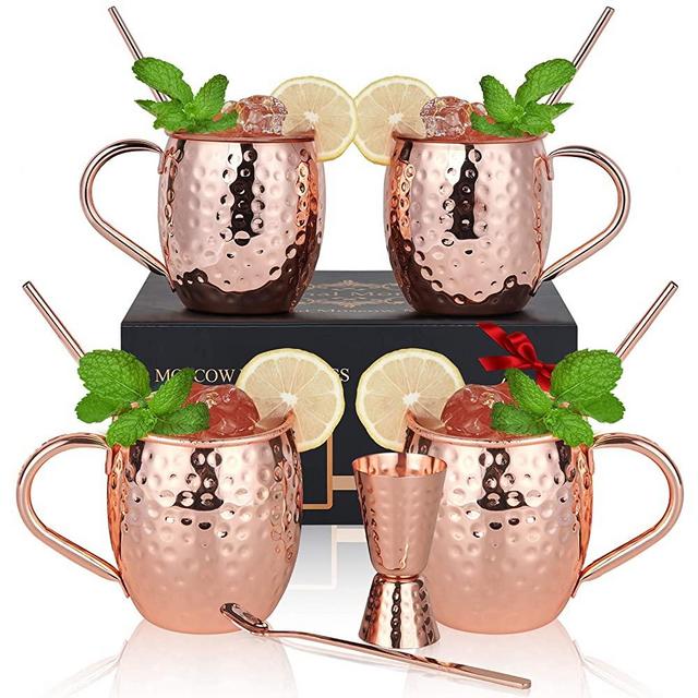 Copper Moscow Mule Mugs Set of 4, Eternal Moment Hand Hammered Copper Mugs 16 oz with BONUS: Copper Straws, Stirring Spoon, Shot Glass and Gift Box for Beer, Cocktail, Bar Set