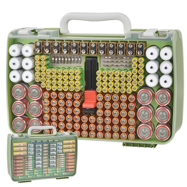 Battery Organizer Storage Holder Case with Double-Sided, Garage Box with Tester Checker. Batteries Container for 269pcs AA AAA AAAA 3A 4A 9V C D Lithium 4LR44 CR2 CR123A CR1632 CR2032 18650 - Green