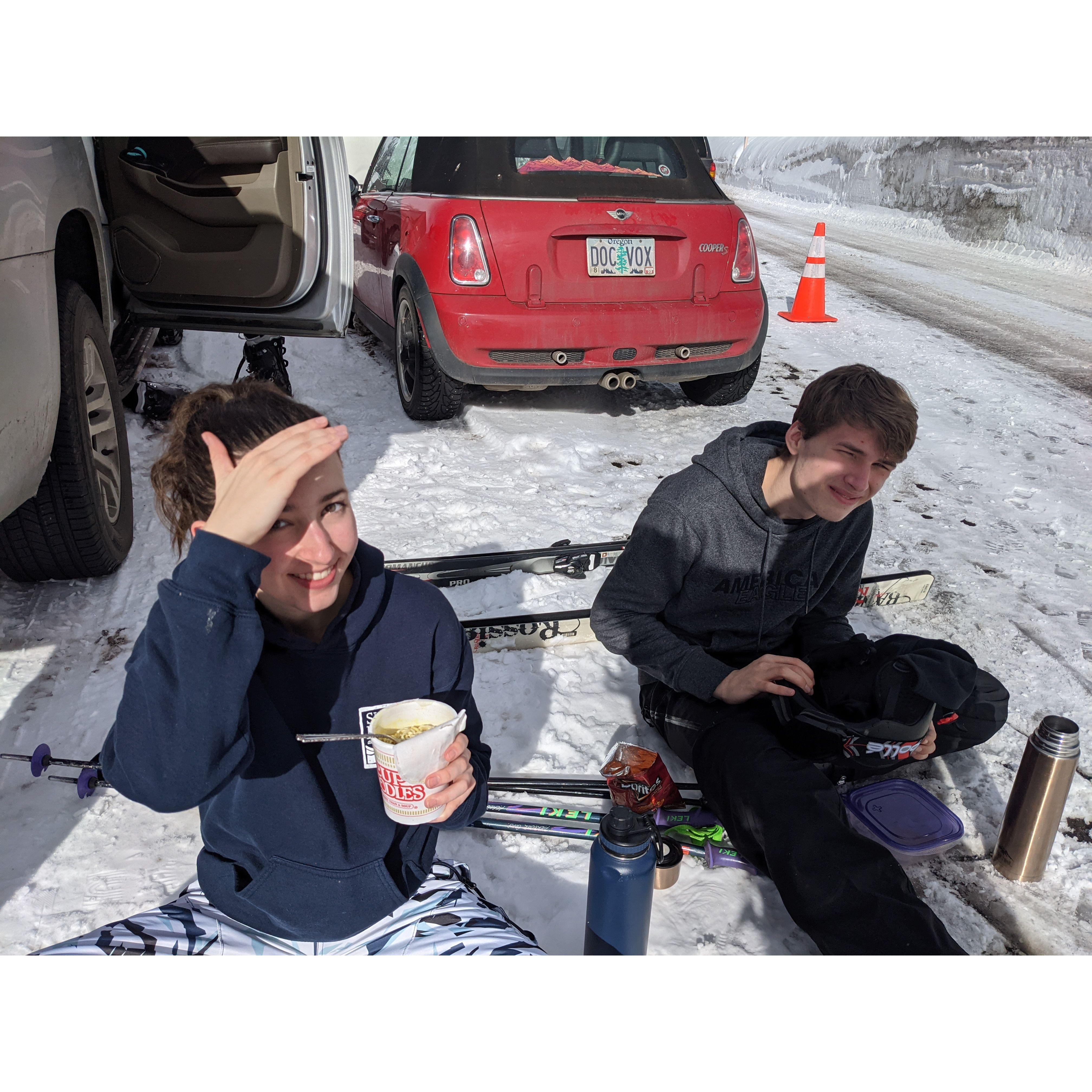 Taking a lunch ski break