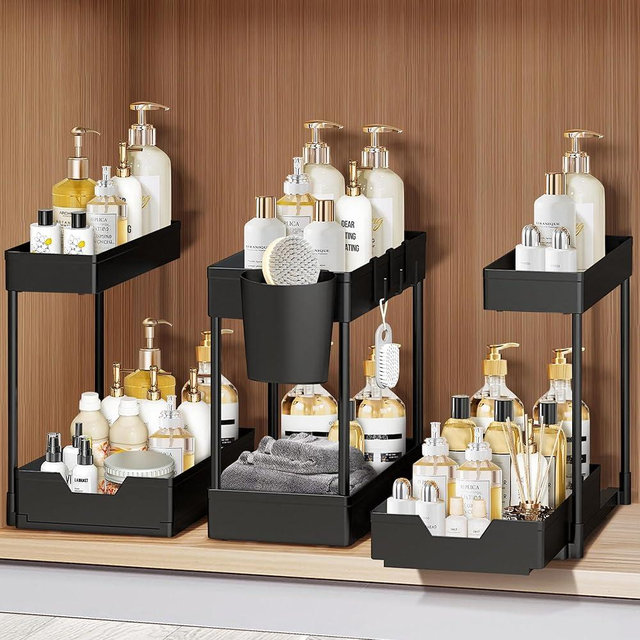 Under Sink Organizers and Storage, 3 Pack of 2-Tier Multi-Use Cabinet Organizers with Sliding Drawers, Hooks and Hanging Cups, Under Sink Organizers for Kitchen and Bathroom Home Organization(Black)